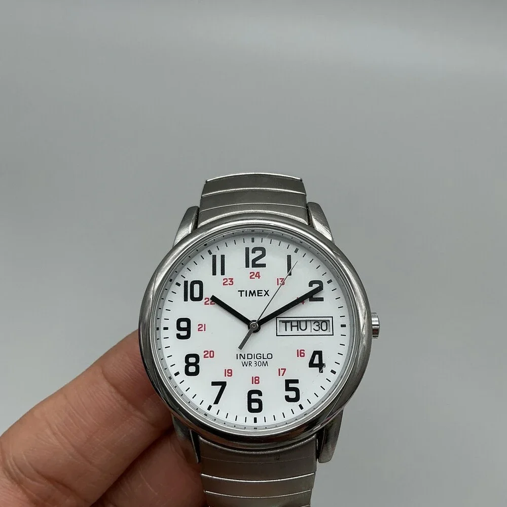 Timex Men Watch 35mm White Dial Silver Tone Stretch Indiglo Day Date New Battery